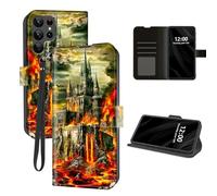 DISUOFEART for Samsung Galaxy S23 Ultra Case Wallet with Card Holder, Castle Flames Skull RFID Blocking Leather Flip Cover Magnetic Snap and Kickstand