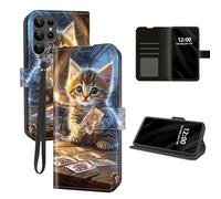 DISUOFEART for Samsung Galaxy S23 Ultra Case Wallet with Card Holder, Cute Cat Sits on Table RFID Blocking Leather Flip Cover Magnetic Snap and Kickstand