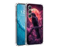 DISUOFEART for Samsung Galaxy S24 Case, Anti-Scratch Transparent Hard Back Phone Cover, Raven on Blossom Branch Red Moon Clear Slim Shockproof Military-Grade Protection