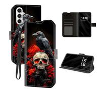 DISUOFEART for Samsung Galaxy S24 Case Wallet with Card Holder, Raven on Skull with Red Flames RFID Blocking Leather Flip Cover Magnetic Snap and Kickstand