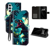 DISUOFEART for Samsung Galaxy S24 FE Case Wallet with Card Holder, Neon Jungle Dinosaur RFID Blocking Leather Flip Cover Magnetic Snap and Kickstand