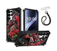 DISUOFEART for Samsung Galaxy S24 Ultra Case, Military Grade Shockproof ArmorShield with Hidden Kickstand, Red Dragon with Roses Heavy Duty Protective Cover [Compatible with Mag-Safe]