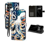 DISUOFEART for Samsung Galaxy S24 Ultra Case Wallet with Card Holder, White Octopus in The Ocean RFID Blocking Leather Flip Cover Magnetic Snap and Kickstand