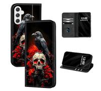 DISUOFEART for Samsung Galaxy S25 FE Case Wallet, Leather Flip Cover with RFID Blocking, Card Holder, Magnetic Closure, Raven on Skull with Red Flames Full Body Kickstand Case
