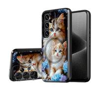 DISUOFEART for Samsung Galaxy S25/ S24 Case, Cats Among Blue Flowers Military-Grade Shockproof Protection, Camera Lens Protector & Adjustable Kickstand, Heavy Duty Drop Protection