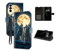 DISUOFEART for Samsung Galaxy S26 FE Wallet Case, Wolves Howling Under Giant Moon Card Holder, RFID Blocking, Magnetic Snap, Kickstand and Detachable Wrist Strap for Convenient Everyday Carry