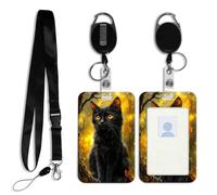 DISUOFEART ID Badge Holder with Detachable Lanyard & Heavy-Duty Retractable Reel, Black Cat on Tree Branch in Golden Light Vertical ABS Name Tag Case with Swivel Belt Clip for Nurses, Doctors, Office