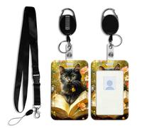 DISUOFEART ID Badge Holder with Detachable Lanyard & Heavy-Duty Retractable Reel, Black Kitten with Bell on Open Book Vertical ABS Name Tag Case with Swivel Belt Clip for Nurses, Doctors, Office