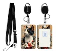 DISUOFEART ID Badge Holder with Detachable Lanyard & Heavy-Duty Retractable Reel, Black & White Cat Surrounded by Flowers Vertical ABS Name Tag Case with Swivel Belt Clip for Nurses, Doctors, Office