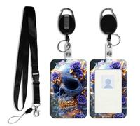 DISUOFEART ID Badge Holder with Detachable Lanyard & Heavy-Duty Retractable Reel, Blue Skull Adorned with Purple Roses Gold Vertical ABS Name Tag Case with Swivel Belt Clip for Nurses, Doctors, Office