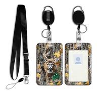 DISUOFEART ID Badge Holder with Detachable Lanyard & Heavy-Duty Retractable Reel, Camouflage with Deer Forest Vertical ABS Name Tag Case with Swivel Belt Clip for Nurses, Doctors, Office