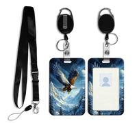 DISUOFEART ID Badge Holder with Detachable Lanyard & Heavy-Duty Retractable Reel, Eagle Soaring Over Moonlit Mountains Vertical ABS Name Tag Case with Swivel Belt Clip for Nurses, Doctors, Office