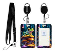 DISUOFEART ID Badge Holder with Detachable Lanyard & Heavy-Duty Retractable Reel, Frog on Colorful Mushrooms Vertical ABS Name Tag Case with Swivel Belt Clip for Nurses, Doctors, Office
