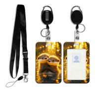 DISUOFEART ID Badge Holder with Detachable Lanyard & Heavy-Duty Retractable Reel, Otter Cubs Embrac in Golden Light Vertical ABS Name Tag Case with Swivel Belt Clip for Nurses, Doctors, Office