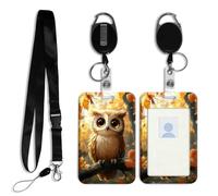 DISUOFEART ID Badge Holder with Detachable Lanyard & Heavy-Duty Retractable Reel, Owl on Branch Autumn Leaves Vertical ABS Name Tag Case with Swivel Belt Clip for Nurses, Doctors, Office