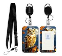 DISUOFEART ID Badge Holder with Detachable Lanyard & Heavy-Duty Retractable Reel, Owl on Branch Under Moonlit Autumn Sky Vertical ABS Name Tag Case with Swivel Belt Clip for Nurses, Doctors, Office