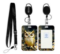 DISUOFEART ID Badge Holder with Detachable Lanyard & Heavy-Duty Retractable Reel, Owl on Branch with Flowers Vertical ABS Name Tag Case with Swivel Belt Clip for Nurses, Doctors, Office