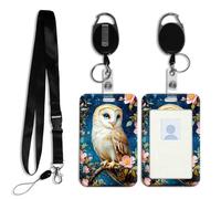 DISUOFEART ID Badge Holder with Detachable Lanyard & Heavy-Duty Retractable Reel, Owl on Flower Branch Starry Sky Vertical ABS Name Tag Case with Swivel Belt Clip for Nurses, Doctors, Office