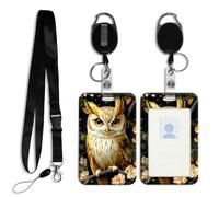 DISUOFEART ID Badge Holder with Detachable Lanyard & Heavy-Duty Retractable Reel, Owl Perched on Flower-Covered Branch Vertical ABS Name Tag Case with Swivel Belt Clip for Nurses, Doctors, Office