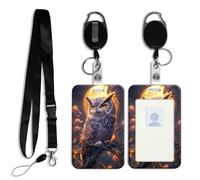 DISUOFEART ID Badge Holder with Detachable Lanyard & Heavy-Duty Retractable Reel, Owl Perched Under Full Golden Moon Vertical ABS Name Tag Case with Swivel Belt Clip for Nurses, Doctors, Office