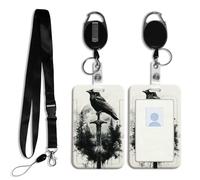 DISUOFEART ID Badge Holder with Detachable Lanyard & Heavy-Duty Retractable Reel, Raven On Sword Amid Misty Pines Vertical ABS Name Tag Case with Swivel Belt Clip for Nurses, Doctors, Office