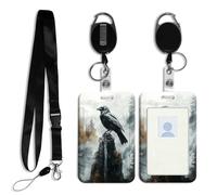 DISUOFEART ID Badge Holder with Detachable Lanyard & Heavy-Duty Retractable Reel, Raven Perched on Sword Stone Vertical ABS Name Tag Case with Swivel Belt Clip for Nurses, Doctors, Office