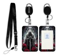 DISUOFEART ID Badge Holder with Detachable Lanyard & Heavy-Duty Retractable Reel, Skeleton in Cloak Sword Roses Vertical ABS Name Tag Case with Swivel Belt Clip for Nurses, Doctors, Office