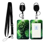 DISUOFEART ID Badge Holder with Detachable Lanyard & Heavy-Duty Retractable Reel, Skull-Covered Tree in Eerie Green Glow Vertical ABS Name Tag Case with Swivel Belt Clip for Nurses, Doctors, Office