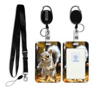 DISUOFEART ID Badge Holder with Detachable Lanyard & Heavy-Duty Retractable Reel, Squirrel Leaping in Leaves Vertical ABS Name Tag Case with Swivel Belt Clip for Nurses, Doctors, Office