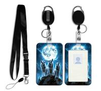 DISUOFEART ID Badge Holder with Detachable Lanyard & Heavy-Duty Retractable Reel, Three Wolves Howling at Full Moon Vertical ABS Name Tag Case with Swivel Belt Clip for Nurses, Doctors, Office