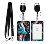 DISUOFEART ID Badge Holder with Detachable Lanyard & Heavy-Duty Retractable Reel, Two Wolves in Red & Blue Light Vertical ABS Name Tag Case with Swivel Belt Clip for Nurses, Doctors, Office
