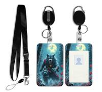 DISUOFEART ID Badge Holder with Detachable Lanyard & Heavy-Duty Retractable Reel, Werewolf Amid Skulls Under Full Moon Vertical ABS Name Tag Case with Swivel Belt Clip for Nurses, Doctors, Office