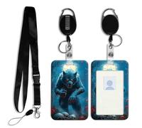 DISUOFEART ID Badge Holder with Detachable Lanyard & Heavy-Duty Retractable Reel, Werewolf in Moonlit Forest of Skulls Vertical ABS Name Tag Case with Swivel Belt Clip for Nurses, Doctors, Office