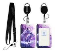DISUOFEART ID Badge Holder with Detachable Lanyard & Heavy-Duty Retractable Reel, White Wolves in Purple Light Vertical ABS Name Tag Case with Swivel Belt Clip for Nurses, Doctors, Office