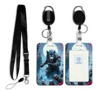 DISUOFEART ID Badge Holder with Detachable Lanyard & Heavy-Duty Retractable Reel, Wolf Warrior Under Full Moon Vertical ABS Name Tag Case with Swivel Belt Clip for Nurses, Doctors, Office