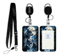 DISUOFEART ID Badge Holder with Detachable Lanyard & Heavy-Duty Retractable Reel, Wolves Howling Beneath Full Moon Vertical ABS Name Tag Case with Swivel Belt Clip for Nurses, Doctors, Office