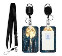 DISUOFEART ID Badge Holder with Detachable Lanyard & Heavy-Duty Retractable Reel, Wolves Howling Under Giant Moon Vertical ABS Name Tag Case with Swivel Belt Clip for Nurses, Doctors, Office