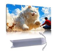 DISUOFEART Playmat for MTG & Magic: The Gathering, 24x14 inch Non-Slip TCG Game Mat for Commander, Giant White Cat, Boy & Dog in City Card Game Table Mat