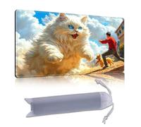 DISUOFEART Playmat for MTG & Magic: The Gathering, 24x14 inch Non-Slip TCG Game Mat for Commander, Giant White Cat Chasing Man & Dog Card Game Table Mat