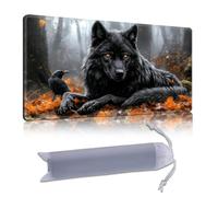 DISUOFEART Playmat for MTG & Magic: The Gathering, 24x14 inch Non-Slip TCG Game Mat for Commander, Wolf with Raven in Misty Autumn Woods Card Game Table Mat