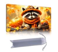 DISUOFEART Playmat for MTG & Magic: The Gathering, 28x16 inch Non-Slip TCG Game Mat for Commander, Autumn Raccoon with Pumpkin Leaves Card Game Table Mat