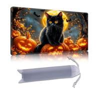 DISUOFEART Playmat for MTG & Magic: The Gathering, 28x16 inch Non-Slip TCG Game Mat for Commander, Black Cat on Pumpkins & Moon Card Game Table Mat