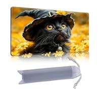 DISUOFEART Playmat for MTG & Magic: The Gathering, 28x16 inch Non-Slip TCG Game Mat for Commander, Black Cat in Witch Hat & Flowers Card Game Table Mat