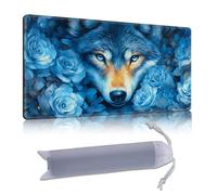 DISUOFEART Playmat for MTG & Magic: The Gathering, 28x16 inch Non-Slip TCG Game Mat for Commander, Blue Wolf with Roses Fantasy Card Game Table Mat