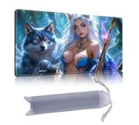 DISUOFEART Playmat for MTG & Magic: The Gathering, 28x16 inch Non-Slip TCG Game Mat for Commander, Fox Girl Mage with Wolf Companion Card Game Table Mat
