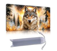 DISUOFEART Playmat for MTG & Magic: The Gathering, 28x16 inch Non-Slip TCG Game Mat for Commander, Grey Wolf in Golden Celestial Forest Card Game Table Mat