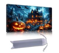 DISUOFEART Playmat for MTG & Magic: The Gathering, 28x16 inch Non-Slip TCG Game Mat for Commander, Haunted House with Jack-o'-Lanterns & Bats Card Game Table Mat