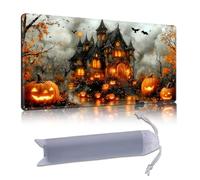 DISUOFEART Playmat for MTG & Magic: The Gathering, 28x16 inch Non-Slip TCG Game Mat for Commander, Haunted House with Pumpkins Bats Card Game Table Mat