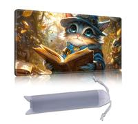 DISUOFEART Playmat for MTG & Magic: The Gathering, 28x16 inch Non-Slip TCG Game Mat for Commander, Little Mage Cat Reading in Woods Card Game Table Mat