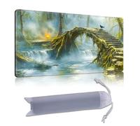 DISUOFEART Playmat for MTG & Magic: The Gathering, 28x16 inch Non-Slip TCG Game Mat for Commander, Misty Forest Bridge with Crow & Waterfall Card Game Table Mat